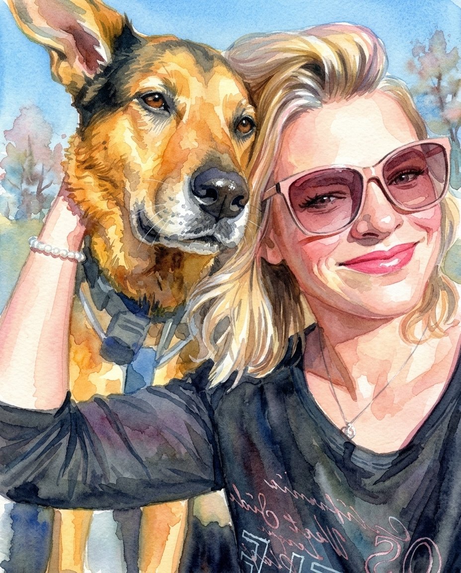 Cuadro Huella, estilo Acuarela: mujer con su perro