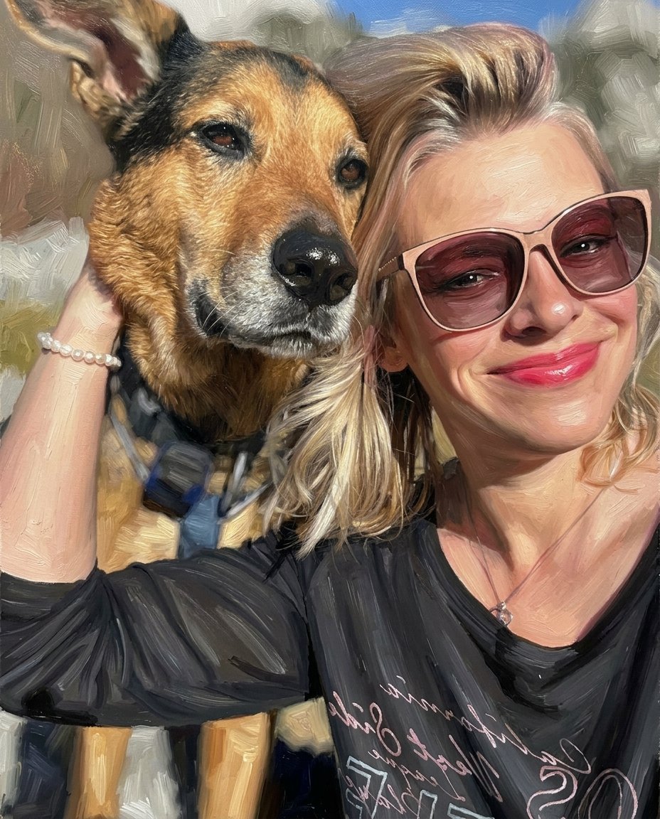 Cuadro Huella, estilo Pintura: mujer con su perro